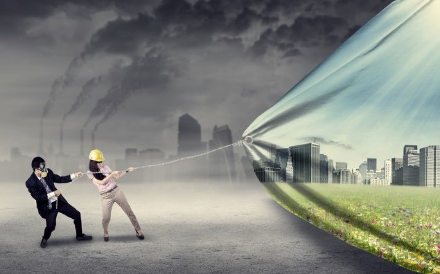 Engineer try to save environment by pulling a banner of new green city