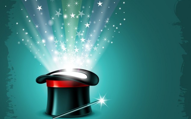 Vintage background with magician hat, wand and magical glow