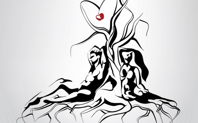 Silhouette of Adam and Eve sitting near a tree