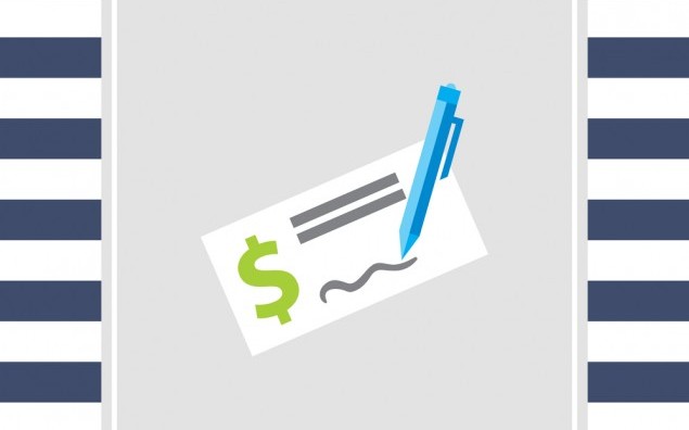 Icon of cheque book page with dollar sign and writing pen