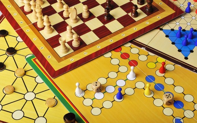 Various board games of ludo, halma, chess and fox and geese