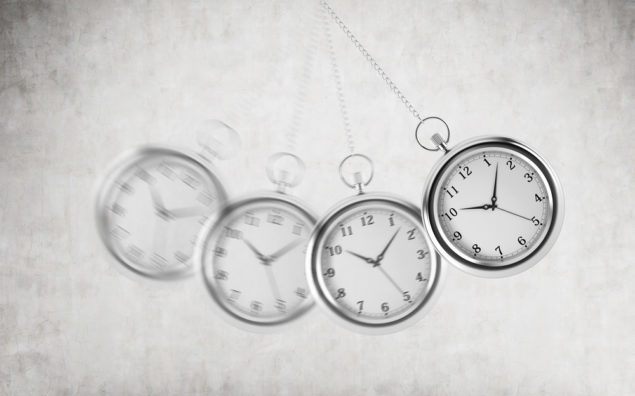 A pocket watch as a swing of the pendulum. Concrete background. 3D rendering. Time is money concept.
