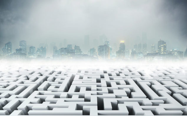 White 3D labyrinth and night city