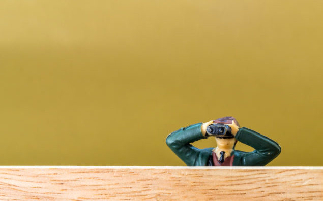Male Model with Binoculars Spies over a Wooden Wall